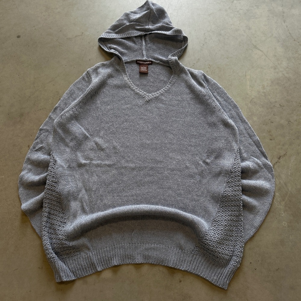 Elliott Lauren Womens Blue Linen Blend Knit V-Neck Hoodie Sweater Size S